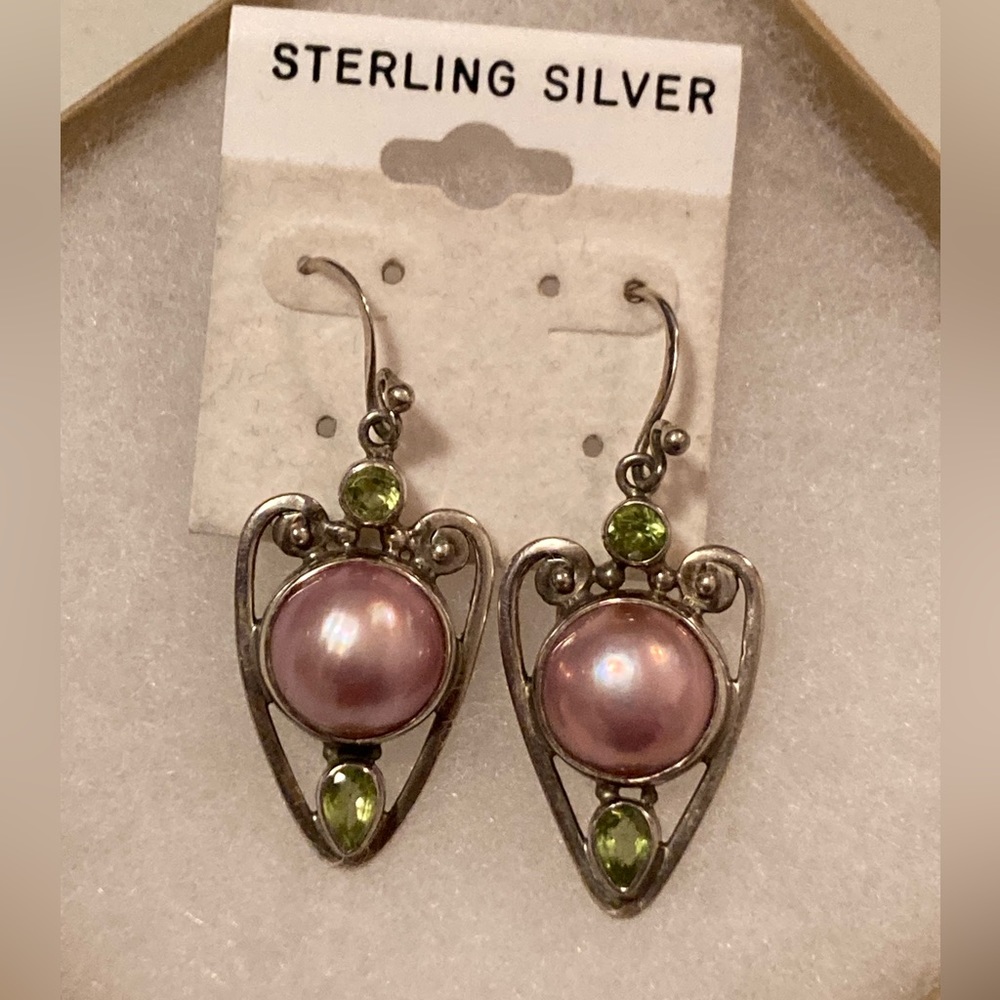 Sarda Brand 925 Silver Heart EARRINGS w/Pink Mabe PEARL Green Qtz French Back
